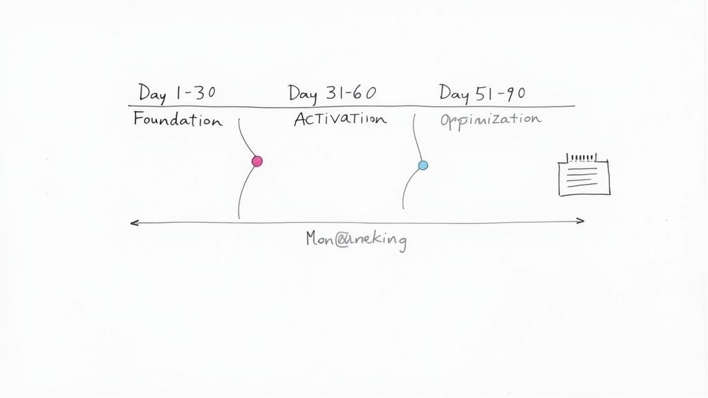 A hand-drawn timeline illustrating a 90-day strategy with foundation, activation, and optimization phases.