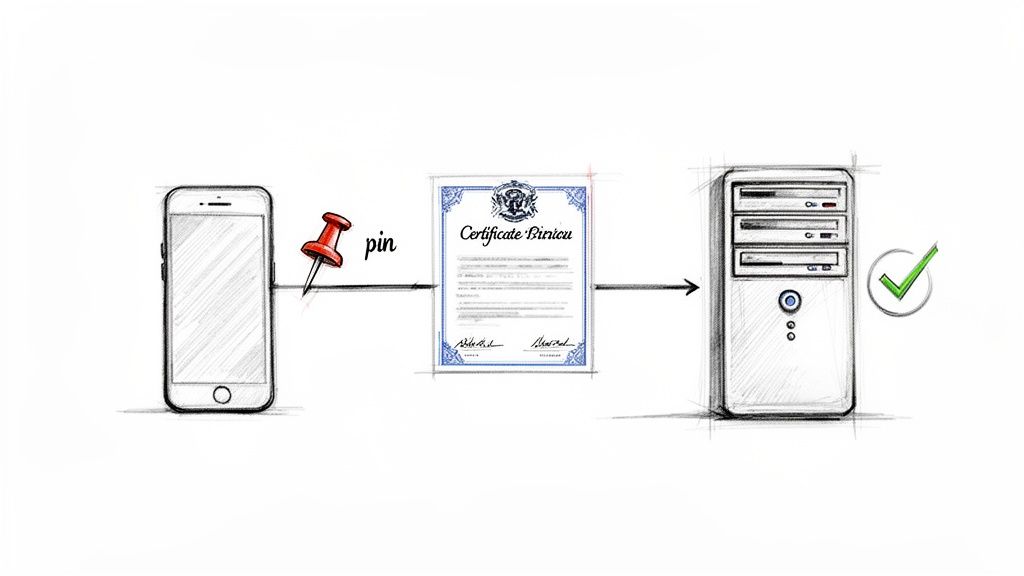 An illustration depicts a mobile phone pinning a security certificate to a server, signifying secure connection.