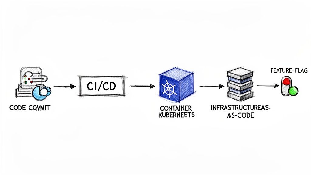 A diagram illustrating a software deployment pipeline from code commit through CI/CD, Kubernetes, Infrastructure-as-Code, to feature flags.