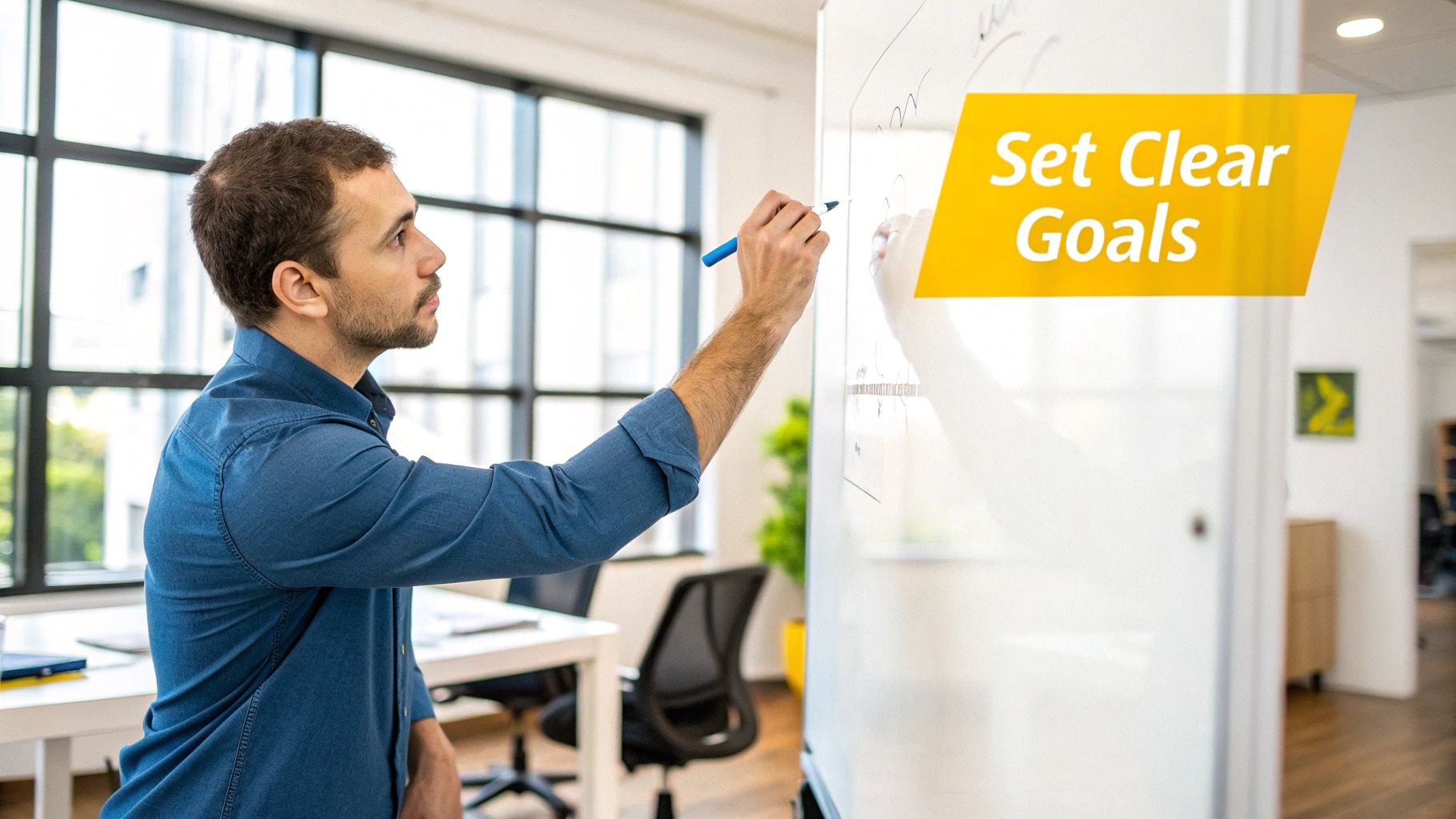 A person pointing at a screen with charts and graphs, representing marketing ROI analysis.