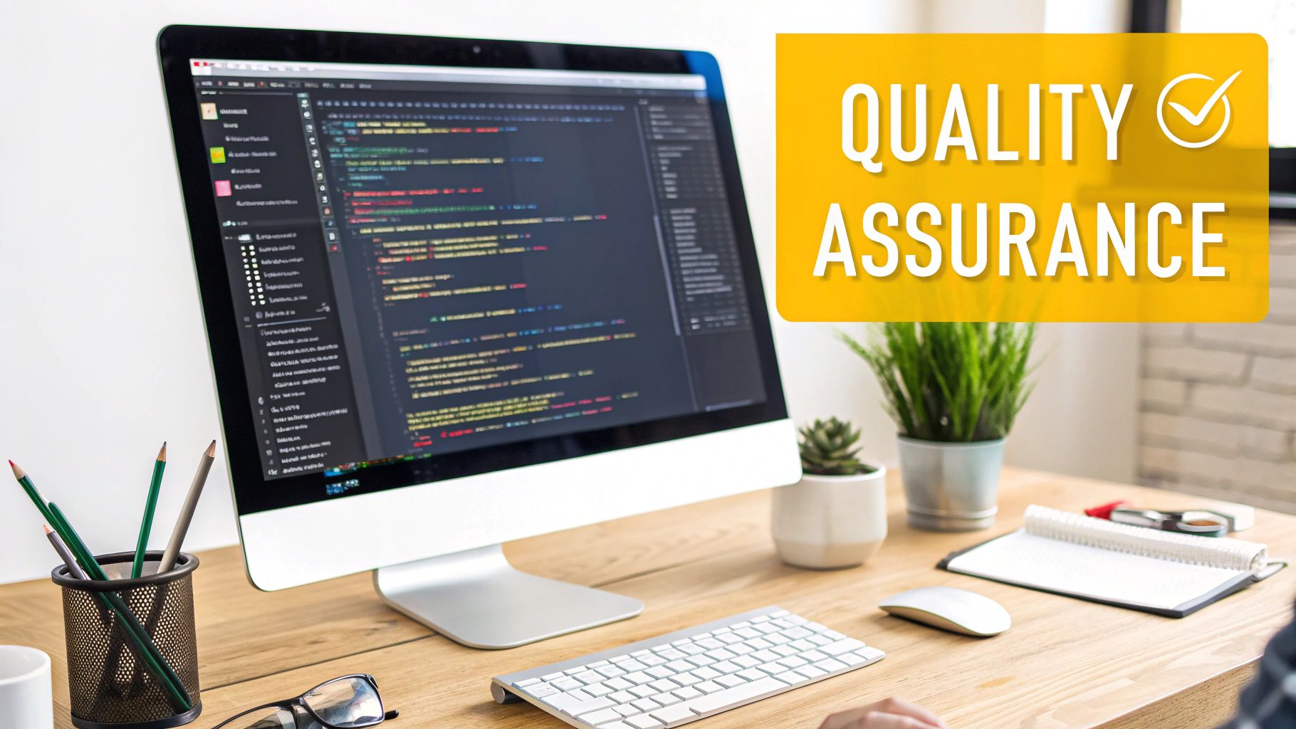 A team of developers collaborating on a software project, illustrating quality assurance concepts