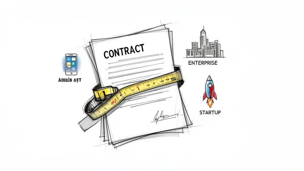 A sketch depicting a contract measured by a tape, with icons for apps, enterprise, and startup.