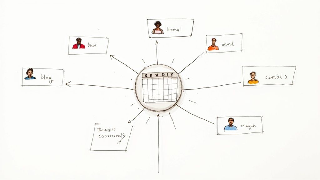 A laptop displaying a colorful content calendar with various tasks and deadlines, set on a clean, modern desk.