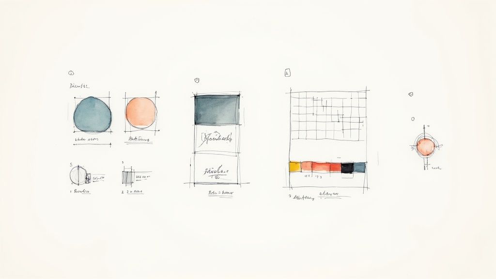 Hand-drawn design sketches with watercolor shapes, color palettes, typography, and dimension concepts on white paper.