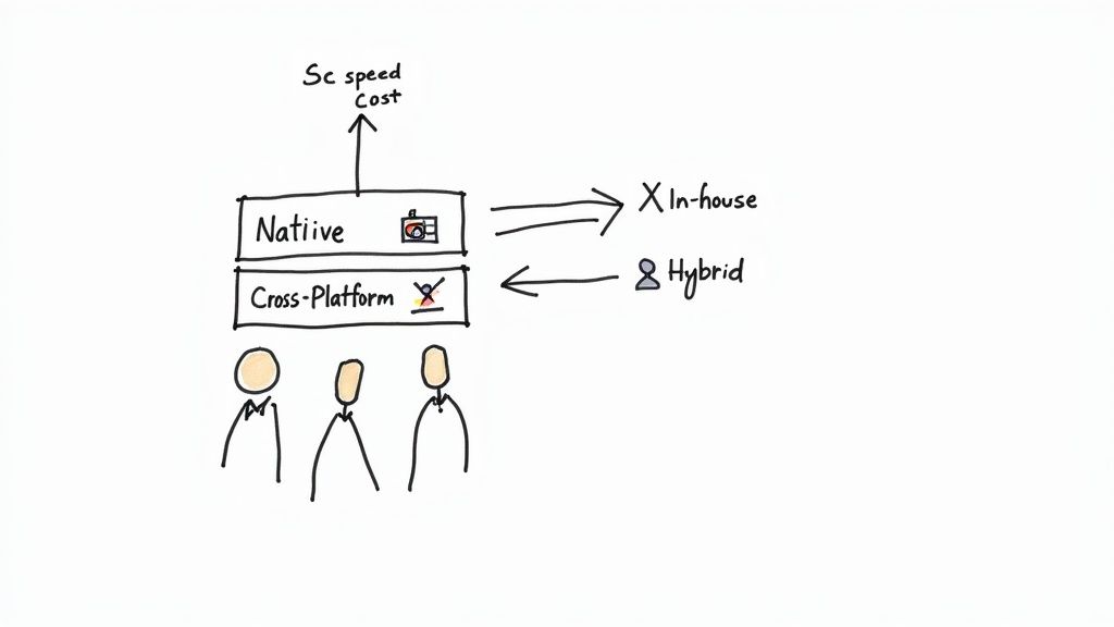 A diagram illustrating mobile app development choices: Native vs. Cross-Platform, considering speed, cost, in-house, and hybrid teams.