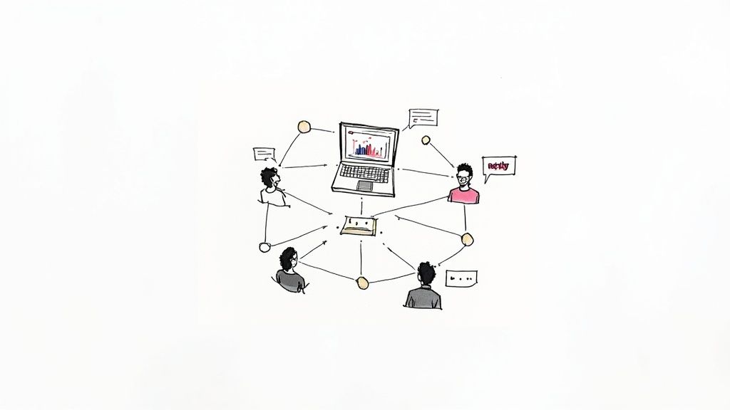 Team members collaborating remotely through laptops and digital communication network connections