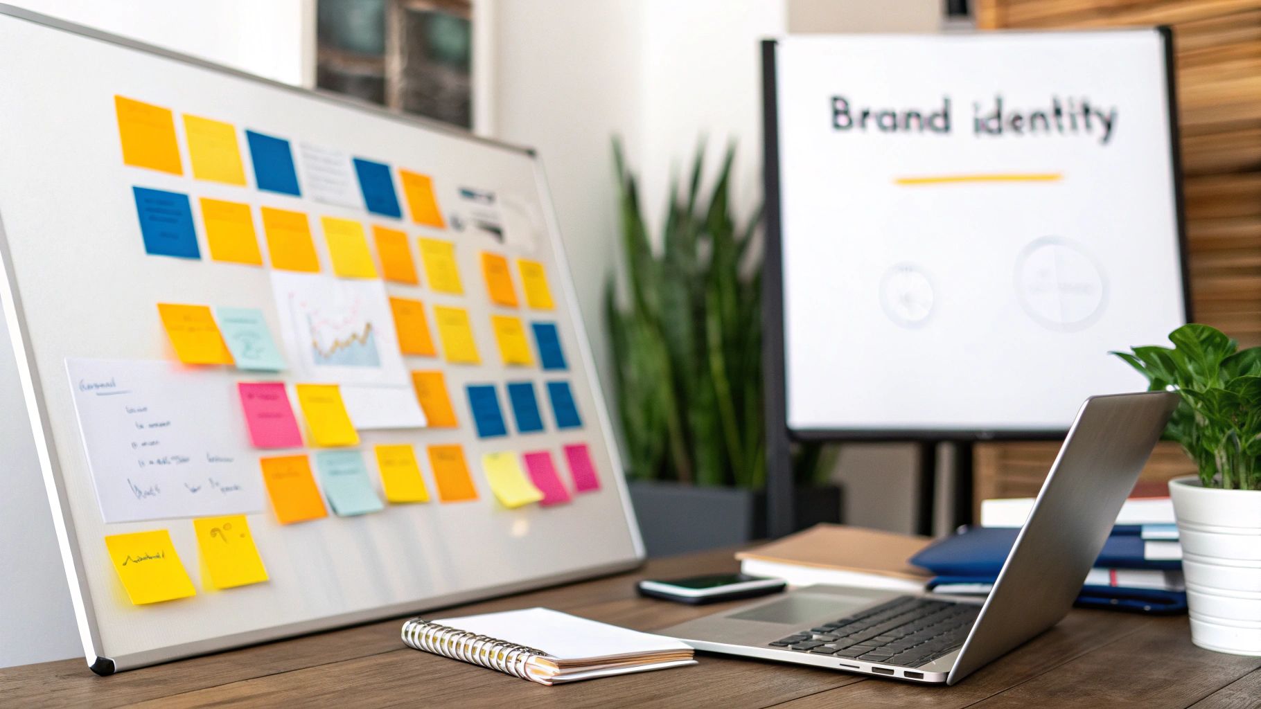 A person sketching brand logo ideas on a notepad, with a laptop and coffee nearby, symbolizing the creative process of brand building.