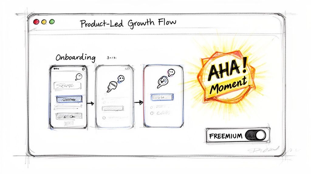 A product-led growth flow diagram showing onboarding screens, an 'AHA! Moment,' and a freemium toggle.