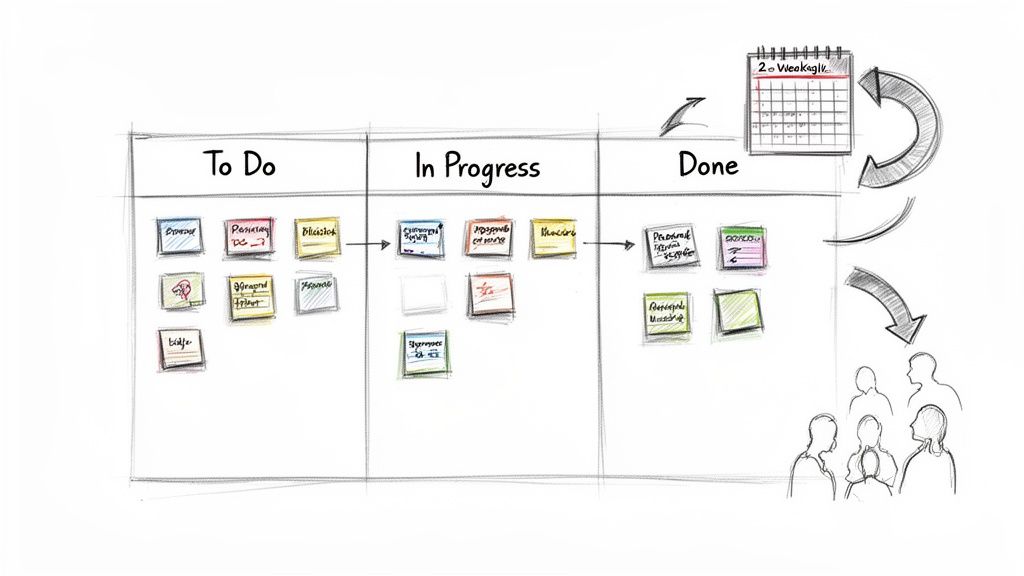 A hand-drawn Kanban board showing To Do, In Progress, and Done columns with sticky notes, a calendar, and a team.