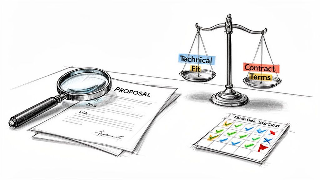 Illustration of proposal evaluation with a magnifying glass, balance scale for technical fit vs. contract terms, and a scoring sheet.
