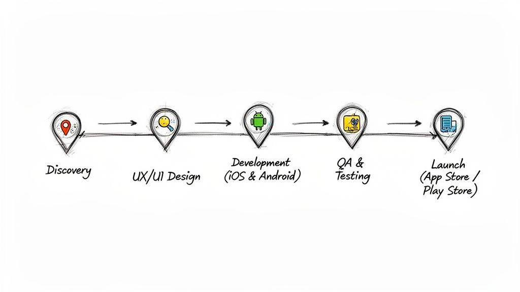 A five-step mobile app development process: Discovery, UX/UI Design, Development, QA, and Launch.