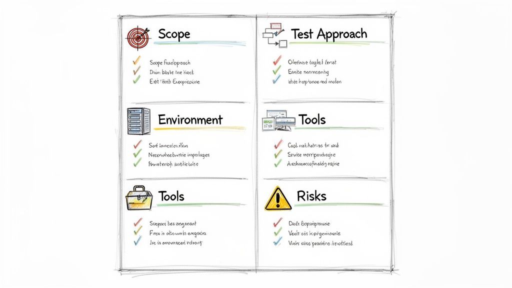 A hand-drawn test strategy template outlining scope, environment, tools, test approach, and risks with checklist items.