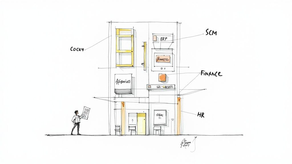 A conceptual sketch of a multi-story building with labels for enterprise departments, ERP, SCM, Finance, and HR.