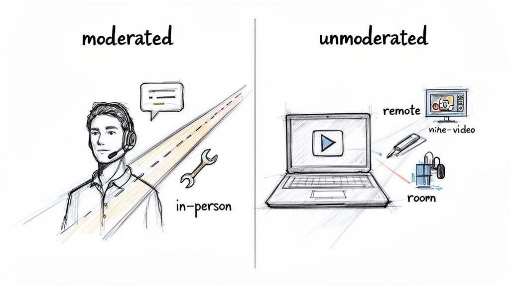 Visual comparison of moderated versus unmoderated usability testing, showing a human moderator and a laptop setup.