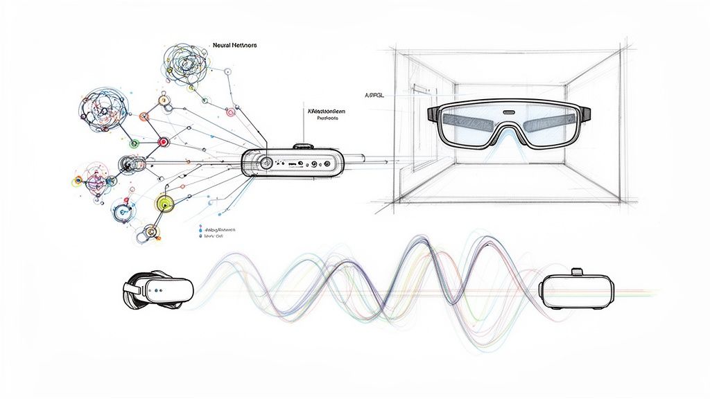Technical illustration showing neural networks connected to a central device, smart glasses, and VR headsets with data flow.