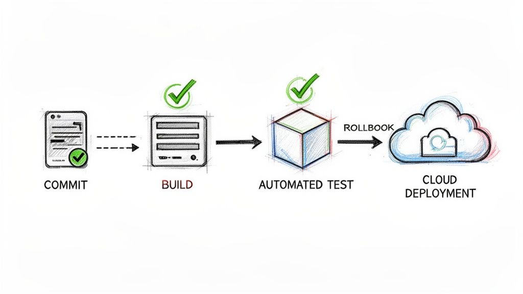 Diagram showing a continuous software delivery pipeline from commit and build to automated testing and cloud deployment.