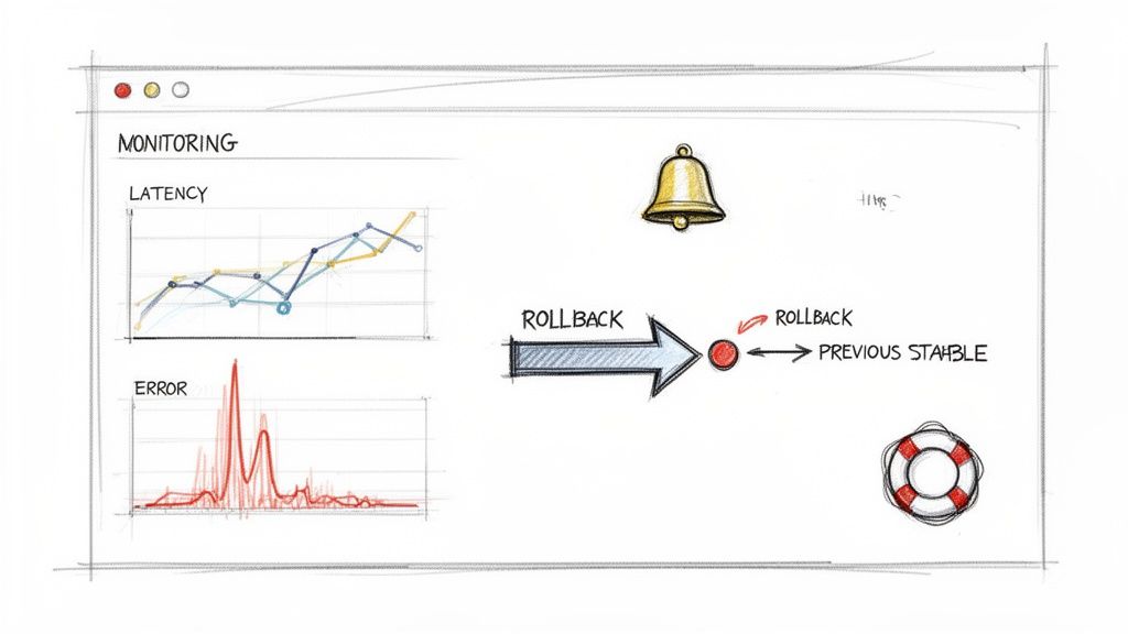 Hand-drawn sketch of a monitoring dashboard showing latency and error graphs, with rollback deployment controls.
