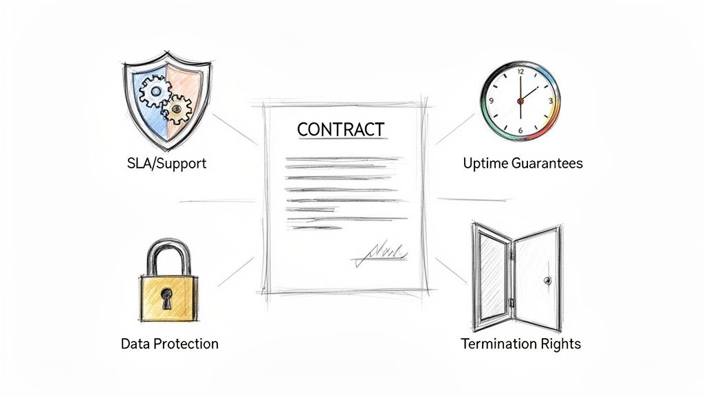 Illustration of a contract document surrounded by key elements: SLA/Support, uptime, data protection, and termination rights.