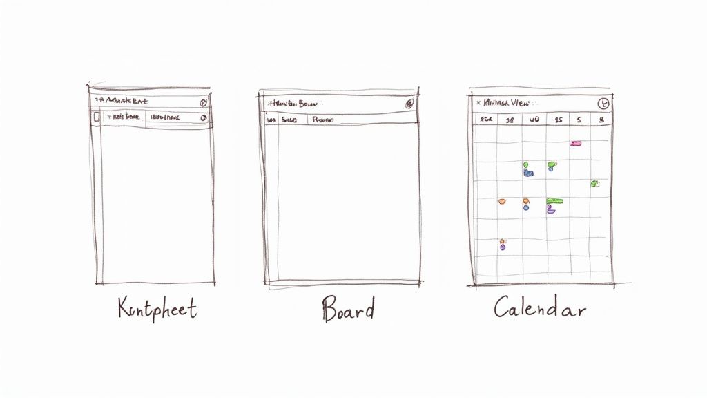 A person arranging sticky notes with content ideas on a large wall calendar.