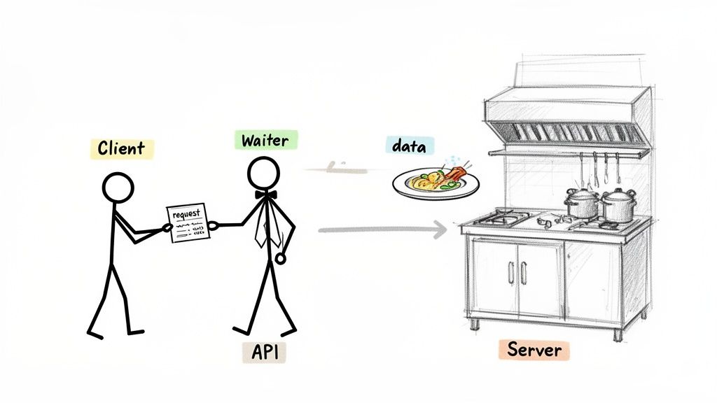 A visual analogy showing a client making a request to an API (waiter), which sends data to a server (kitchen).