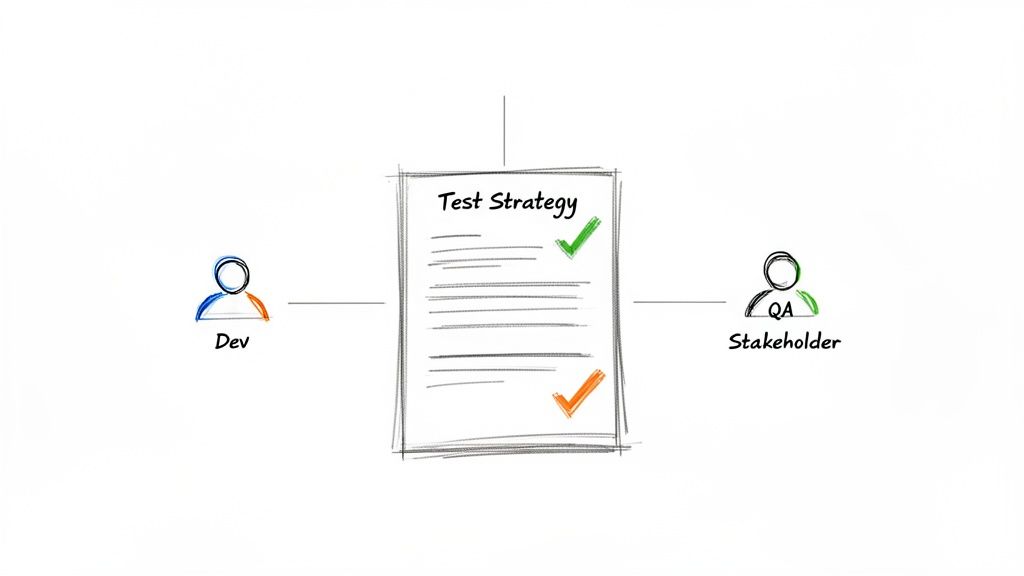 A 'Test Strategy' document is at the center, with 'Dev' and 'QA Stakeholder' on either side, indicating agreement.
