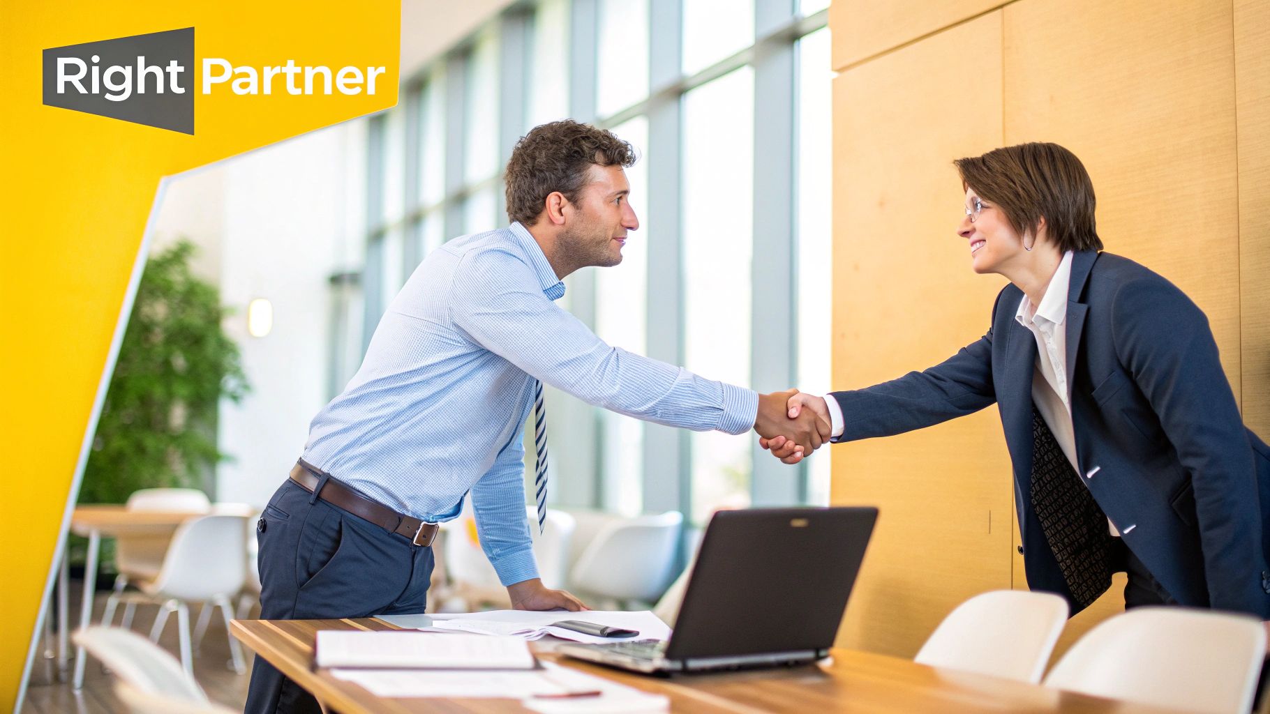 A business professional shaking hands with a developer in an office setting, signifying a new partnership.