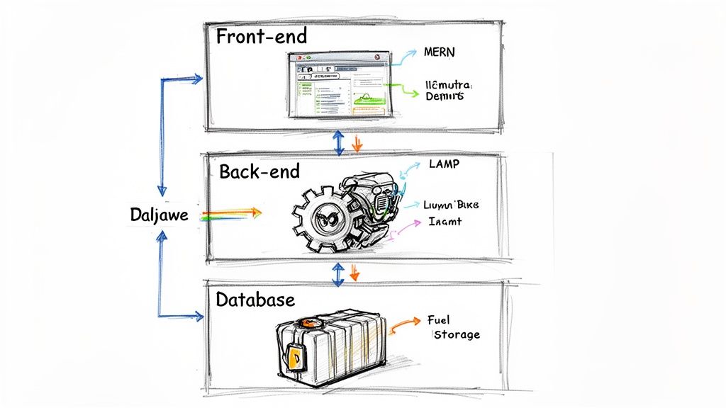 Diagram illustrating a multi-layered web application architecture with front-end, back-end, and database components.