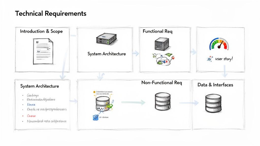 A flowchart outlining technical requirements, including introduction, system architecture, functional, non-functional, and data interfaces.