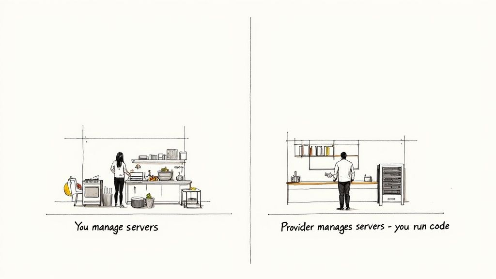 Two panels illustrate server management vs. serverless architecture with kitchen metaphors: one person manages everything, another just codes.