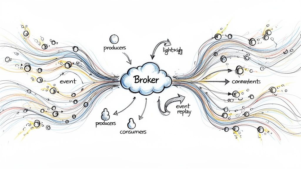 A diagram showing a Broker central to event flow between producers and consumers, illustrating data integration.