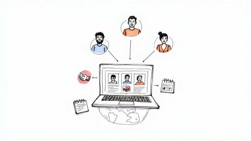 A project manager leading a remote team meeting on a video call, showing successful collaboration.