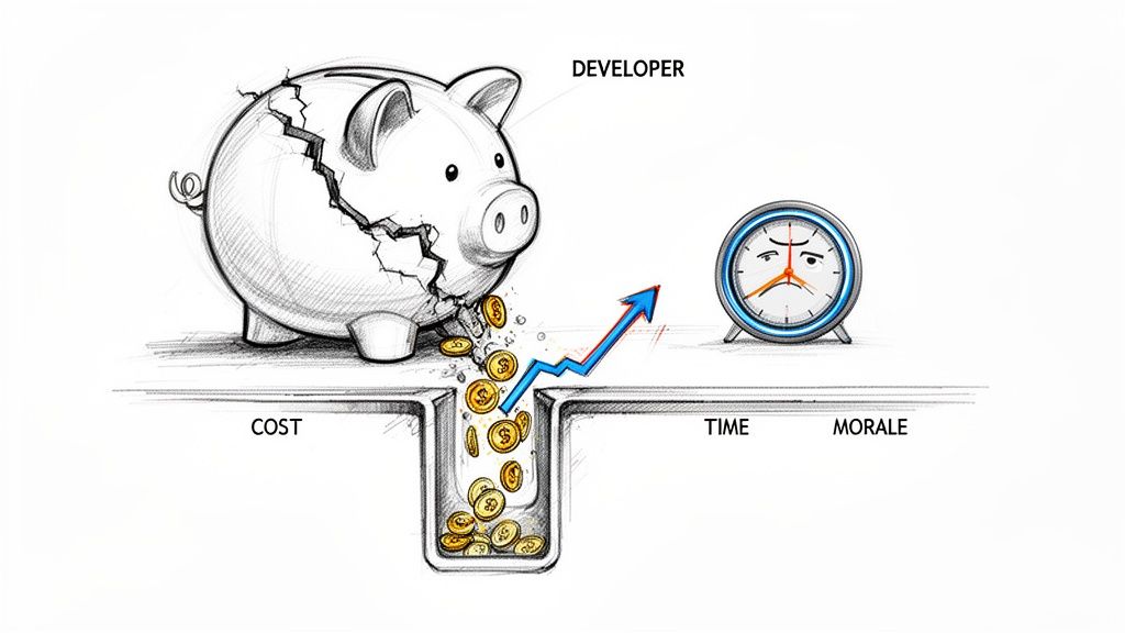 A cracked developer piggy bank spilling money into a cost pit, leading to increased time and low morale.