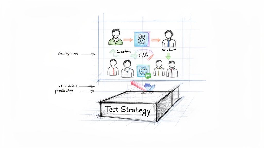 A sketch illustrating a 'Test Strategy' box influencing the software development process, including developers and QA.