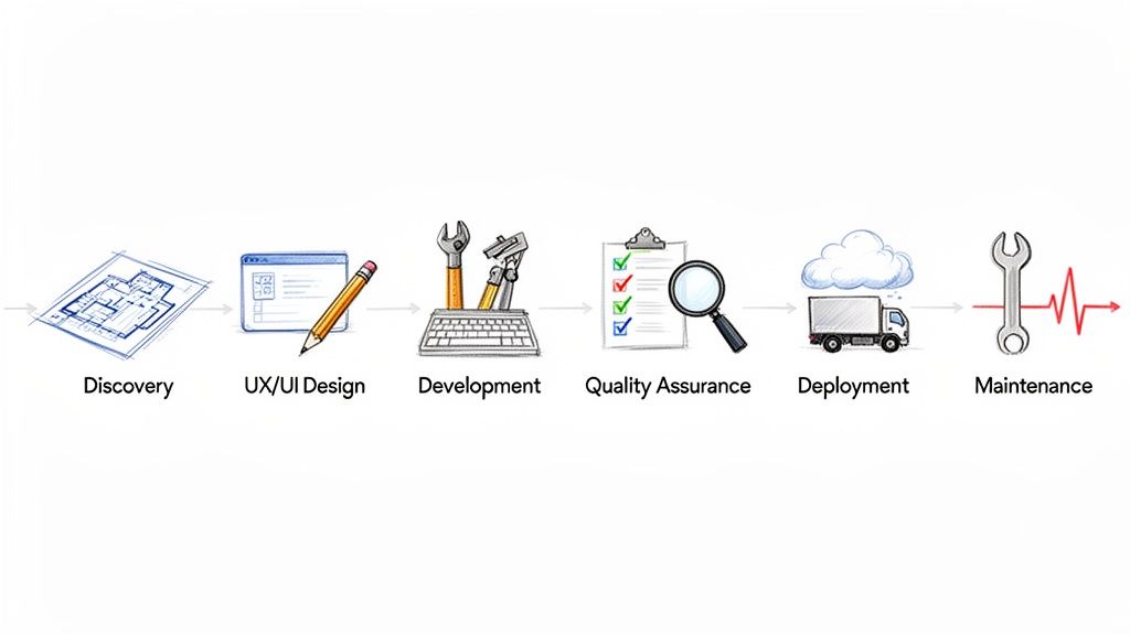 Visual steps of custom software development lifecycle: discovery, design, development, quality assurance, deployment, maintenance.