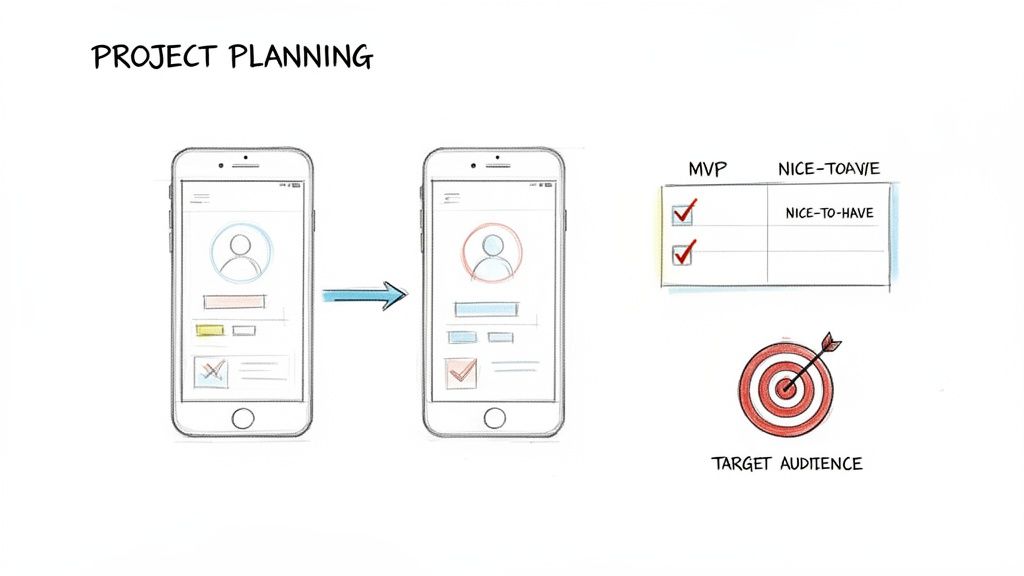 Hand-drawn illustration of project planning with mobile app screens, an MVP feature list, and a target audience icon.