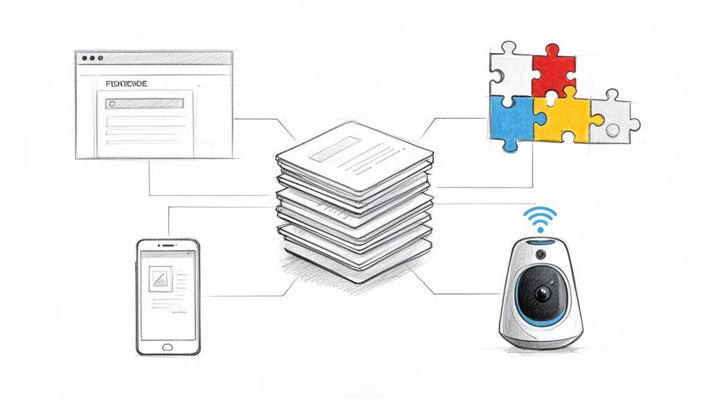 Sketch illustrating a connected digital ecosystem with web, mobile, IoT, and integrated components.