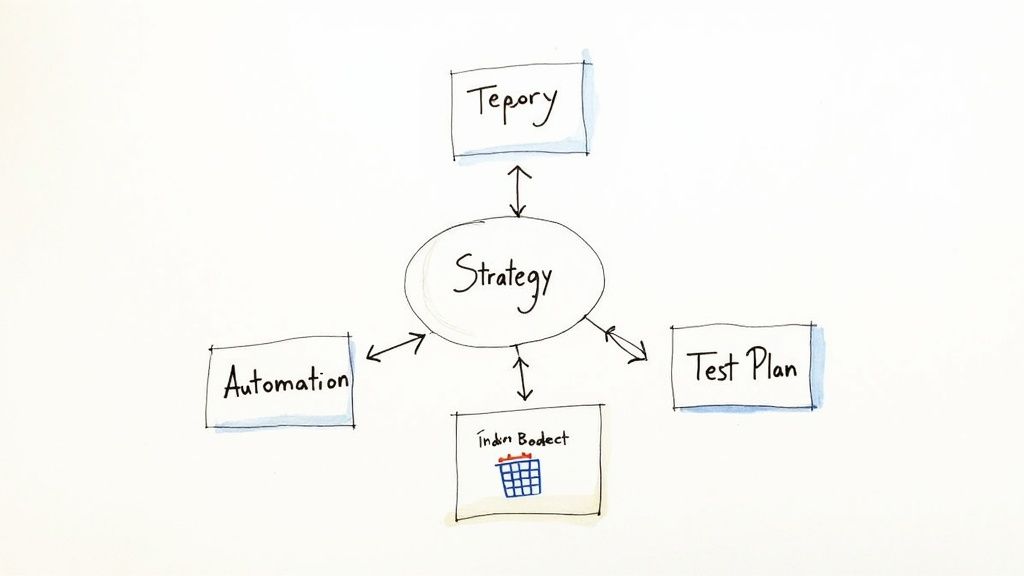 Hand-drawn diagram showing 'Strategy' connected to 'Tepory', 'Automation', 'Test Plan', and 'Indri Bodect' with a calendar icon.