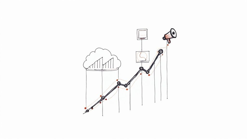 Sketch of a line graph indicating business growth from cloud data to communication strategy.