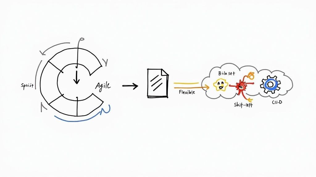 People working on a Kanban board, representing an agile workflow.