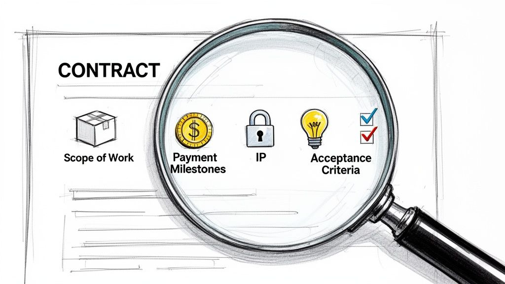 A magnifying glass highlights key clauses in a software development contract: Scope of Work, Payment Milestones, IP, and Acceptance Criteria.