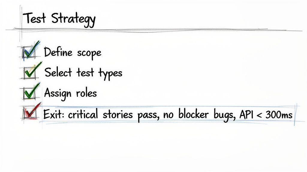 A handwritten checklist for a software test strategy showing three completed steps and one exit condition.