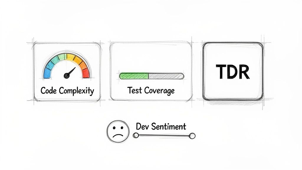 Image displays software development metrics: high code complexity, moderate test coverage, and low developer sentiment.