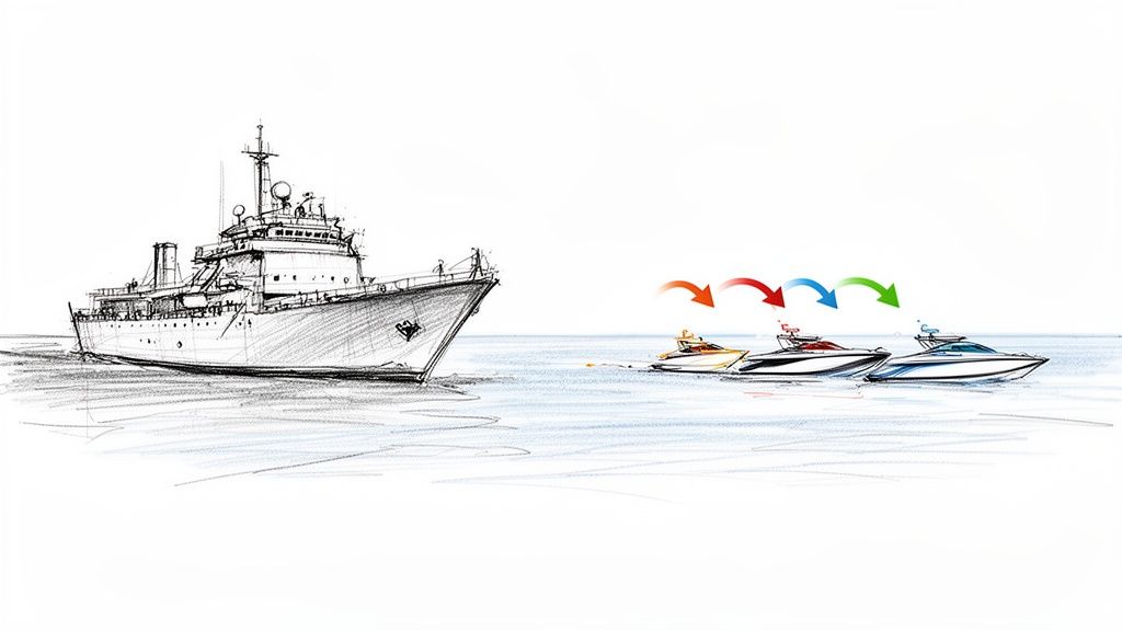 Illustration of a large ship and three speedboats with colorful arrows, symbolizing deployment strategy.