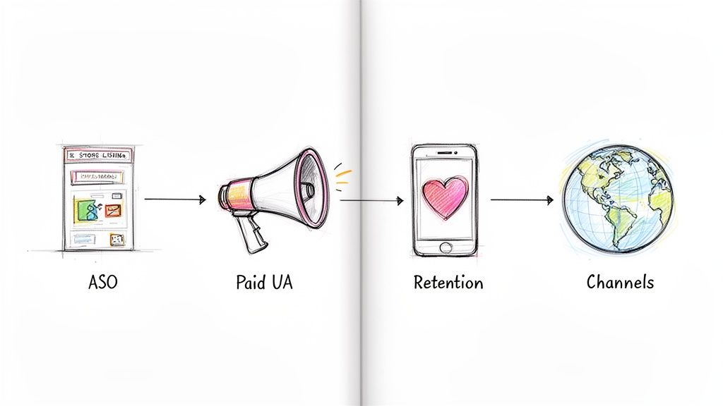 A diagram illustrating the app growth funnel with ASO, Paid UA, Retention, and Channels.