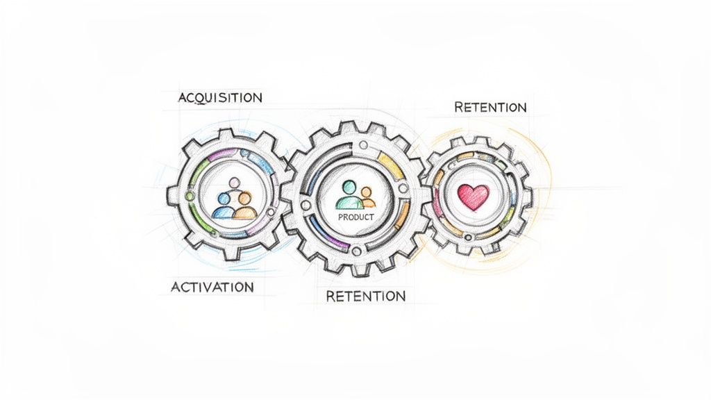 Gears representing a digital marketing strategy with stages like acquisition, activation, product, and customer retention.