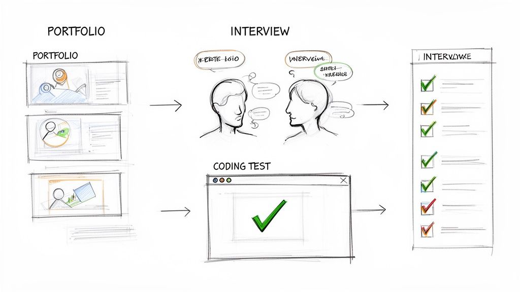 Illustration of recruitment steps: portfolio assessment, candidate interview, coding challenge, and final evaluation.