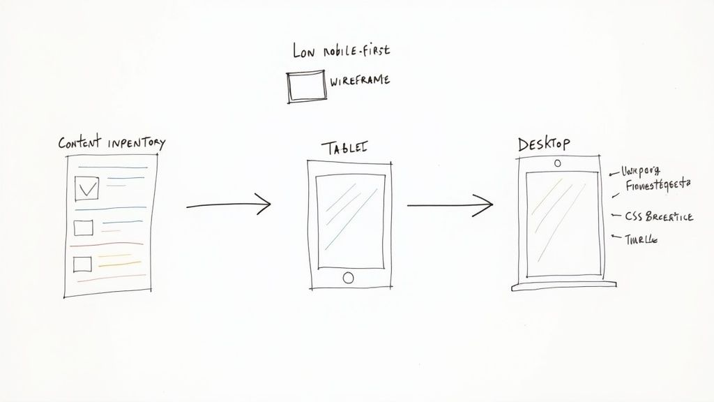 Mobile first design workflow diagram showing progression from content inventory through tablet to desktop wireframes
