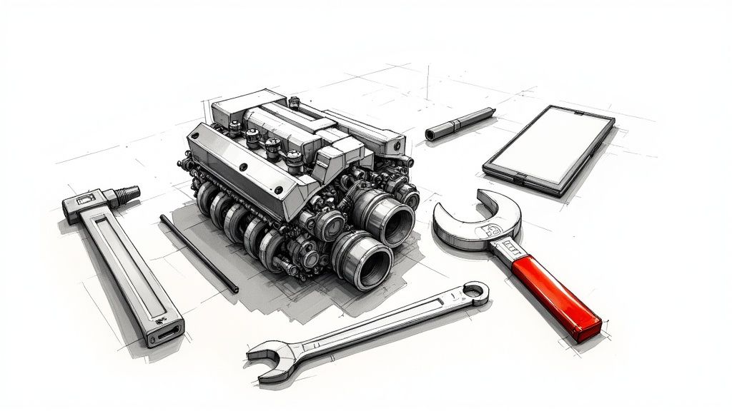 Man in glasses working at a desk with two monitors and a laptop