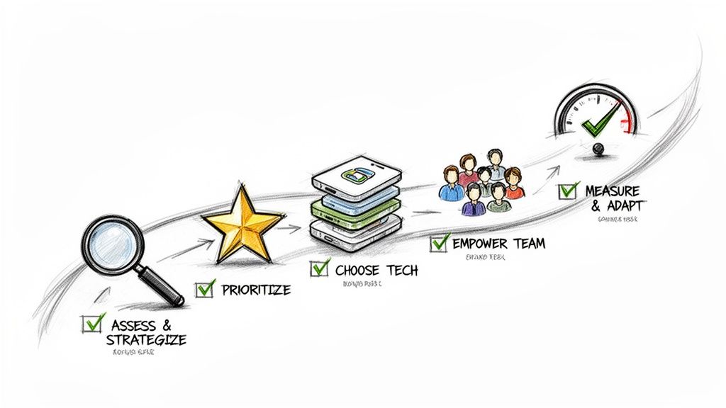 A visual process diagram illustrating 5 steps for strategy, tech, team, and measurement.