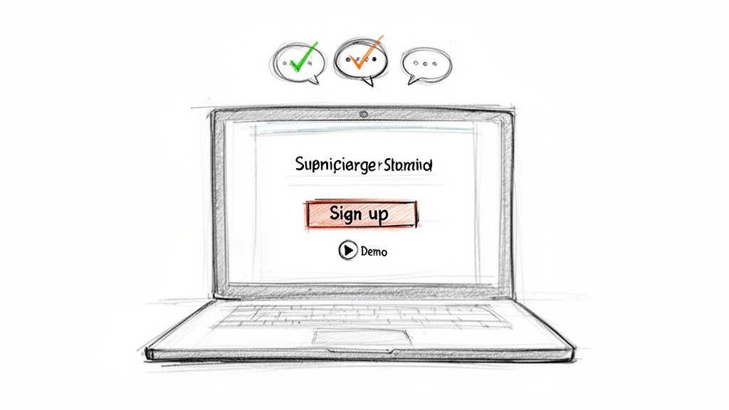 A hand-drawn sketch of a laptop displaying a 'Sign up' button and 'Demo' link, with process bubbles above.